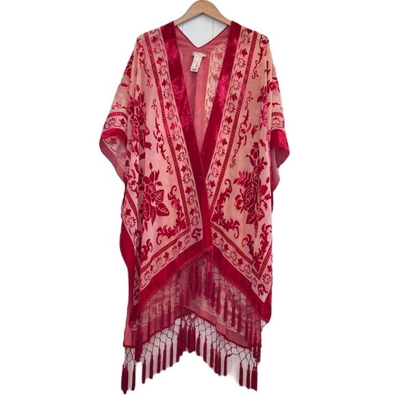Free People Shawl, Coat, Tassel, Red/Cream, One Size - Picture 1 of 8